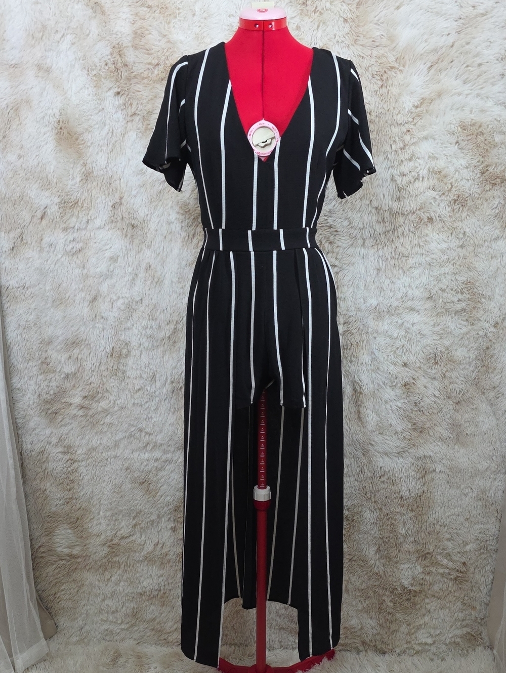 *Crystal Sky Black White Stripe Wide Leg Jumpsuit Tie Waist Size 11